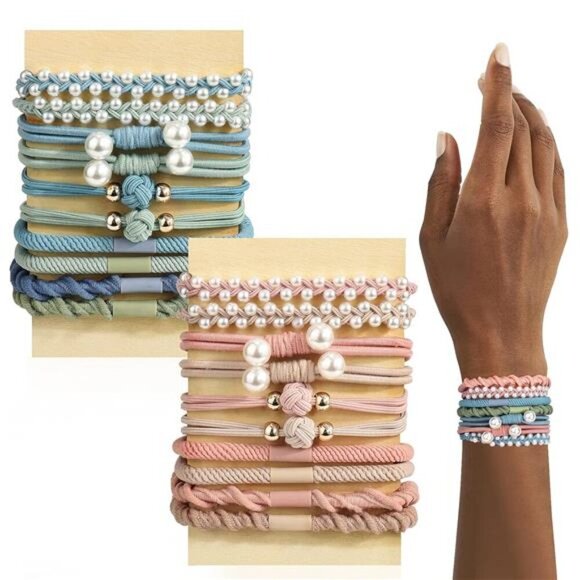 Pearl Hair Accessory Set - 20 Pcs Boho Hair Ties & Bracelets, 5 Styles, 20 - Picture 1 of 16